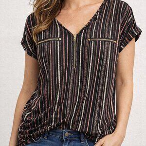 Womens Striped Zip Front Blouse Short Sleeve Black Pink Casual Top Sweet Wandere